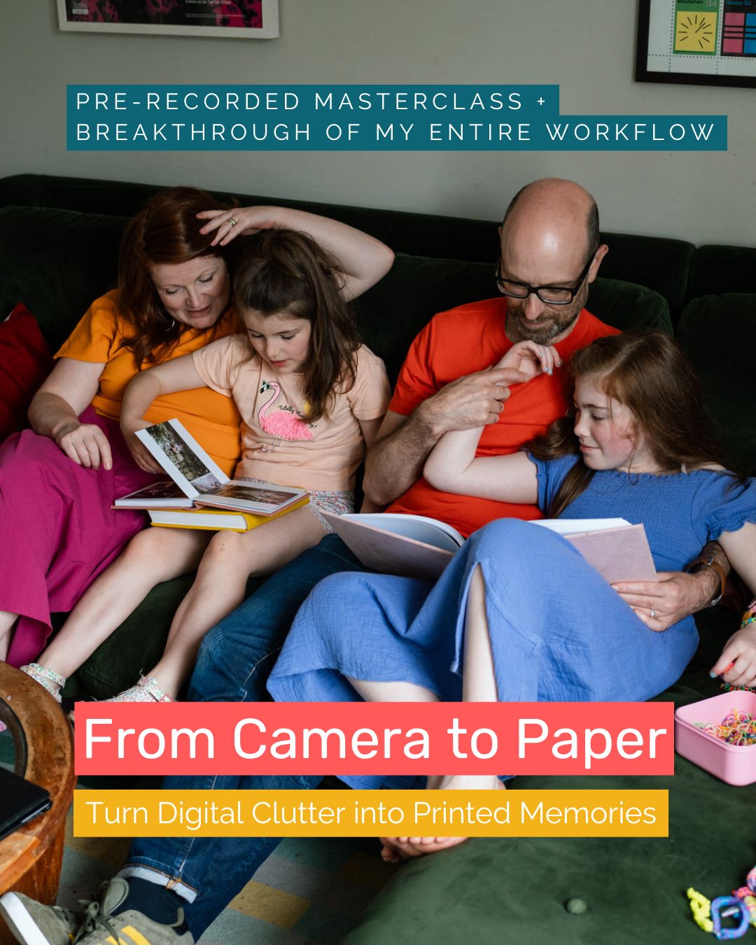Family reading together on the sofa, learning photography.